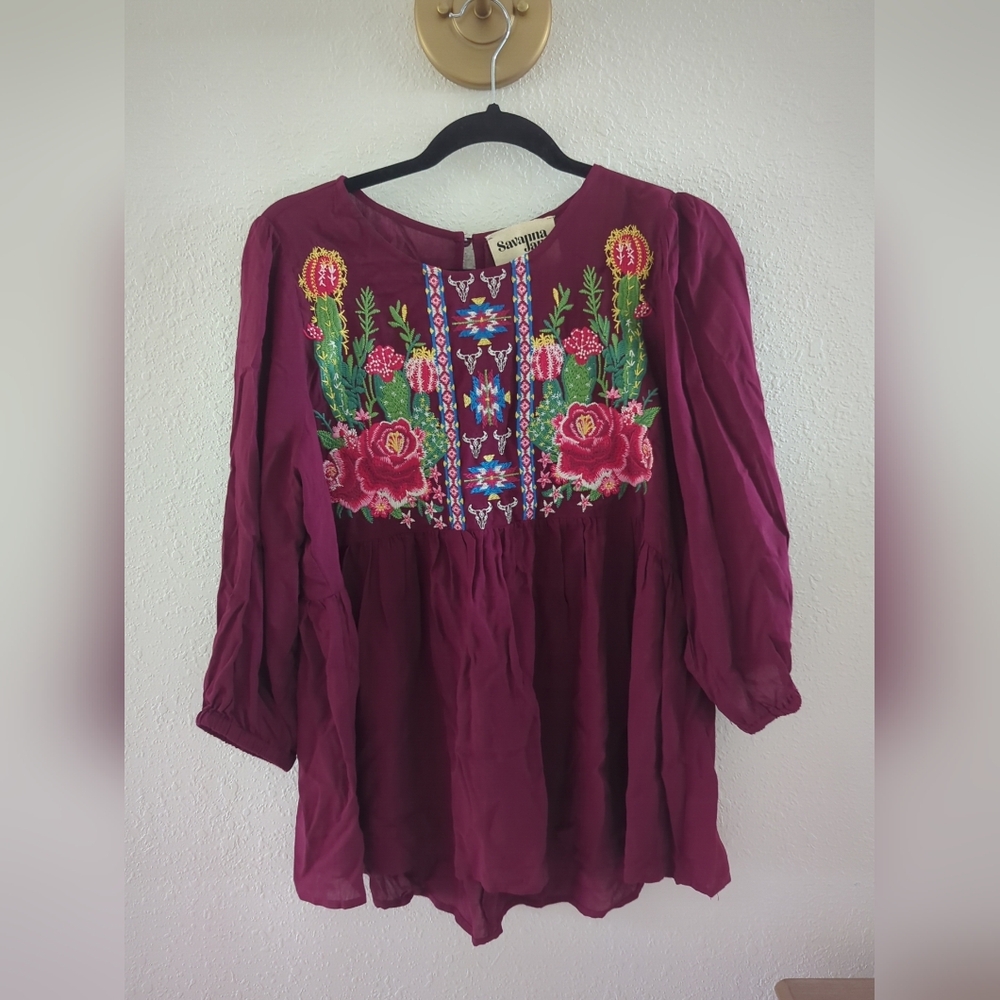 Savanna Jane Women’s Burgundy Floral Cactus Western Embroidery Med